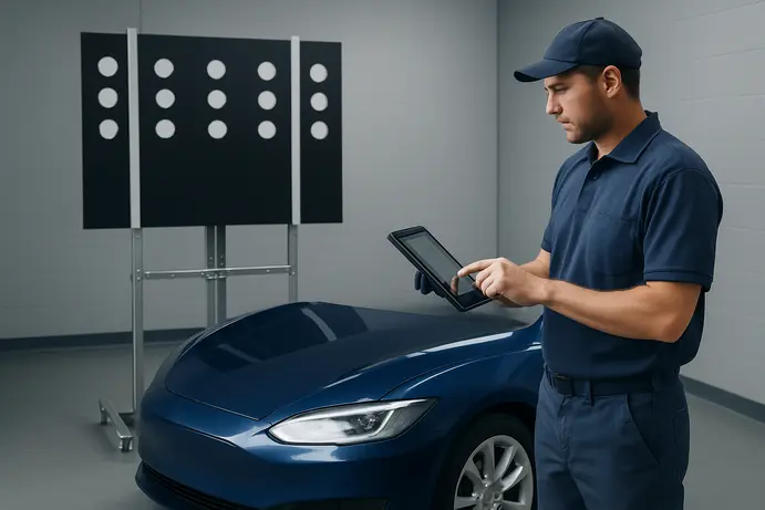 טכנאי מכייל מצלמות ורדארים של רכב חשמלי לאחר תיקון