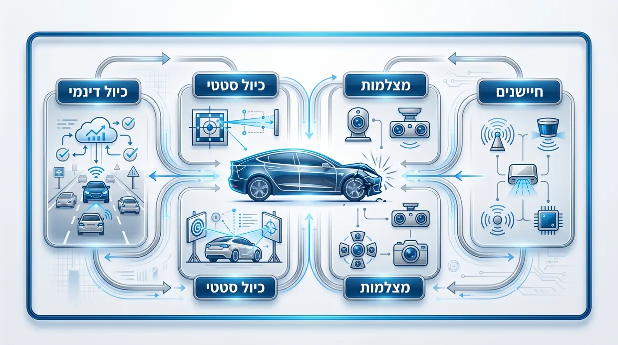 אינפוגרפיקה בעברית המציגה את תהליך כיול מערכות ADAS לאחר תאונה.