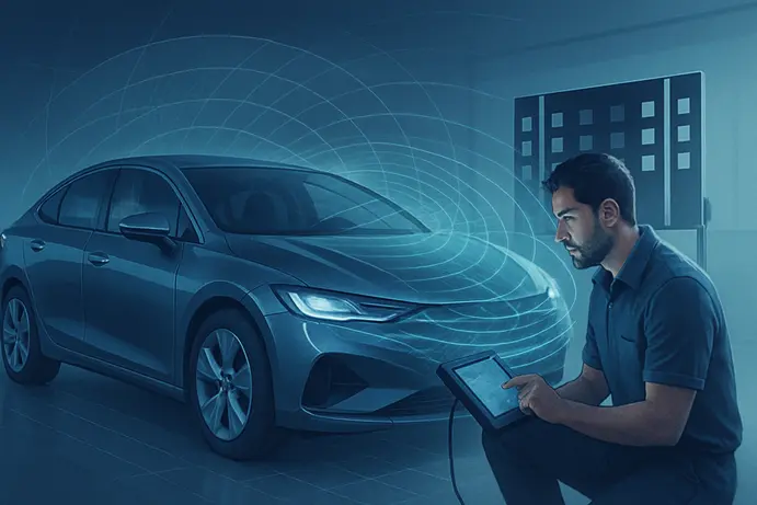 איור קונספטואלי של טכנאי מבצע כיול מערכות ADAS ברכב חשמלי