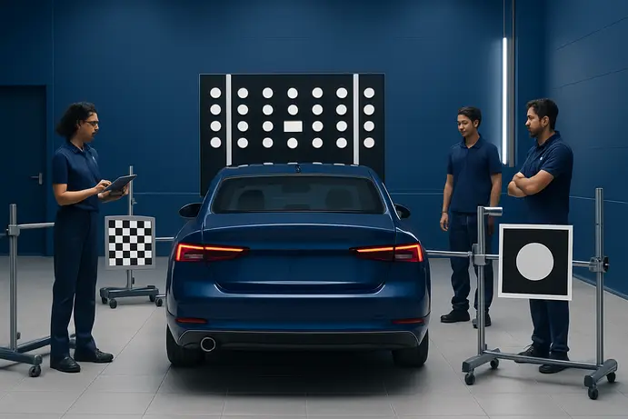 רכב מול לוחות כיול של מערכות ADAS במוסך מודרני