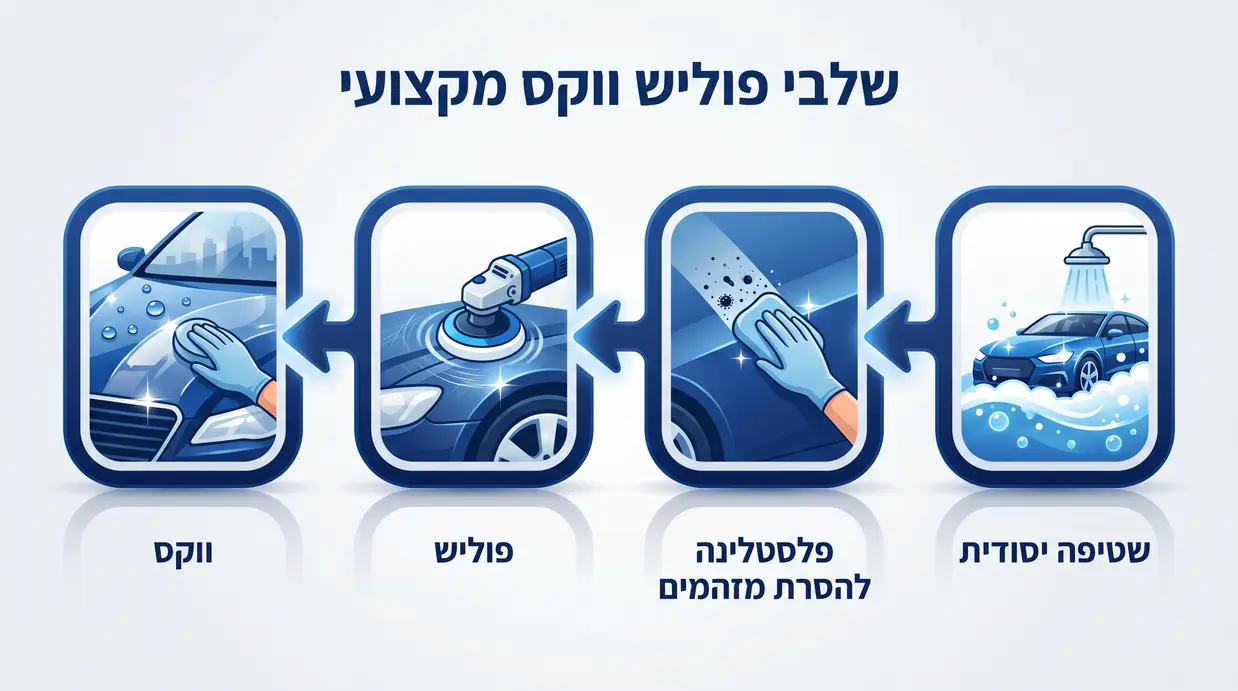 אינפוגרפיקה בעברית המציגה את שלבי הפוליש ווקס המקצועיים לרכב