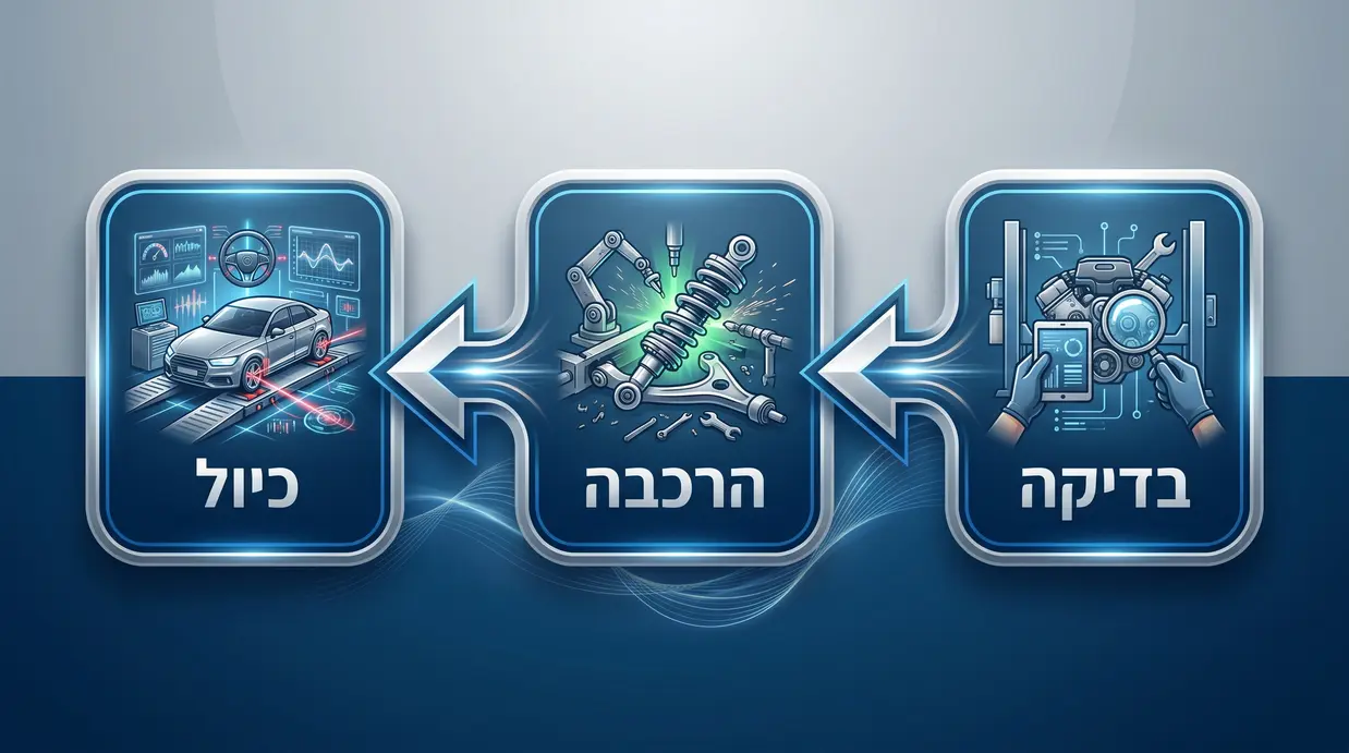 תרשים תהליך החלפת חלקים במוסך מקצועי כולל בדיקה, הרכבה וכיול