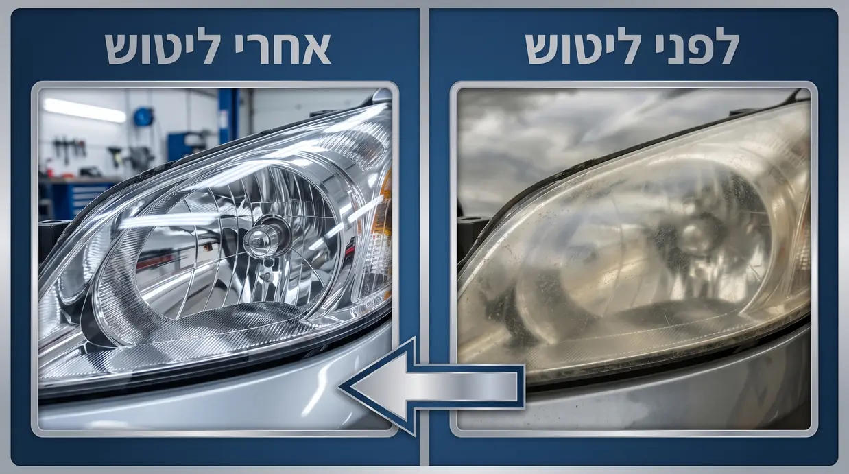 השוואה בין פנס עכור לפני ליטוש לפנס מבריק אחרי ליטוש