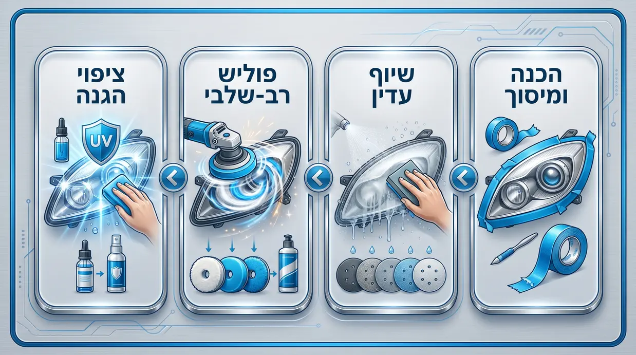 אינפוגרפיקה בעברית המציגה את שלבי ליטוש הפנסים המקצועי