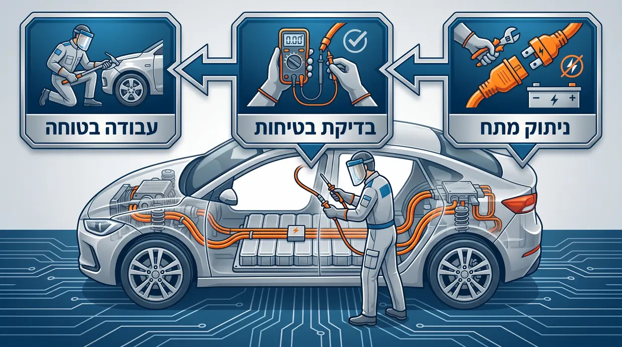 תרשים בטיחות בעברית המדגים ניתוק מתח גבוה ברכב חשמלי