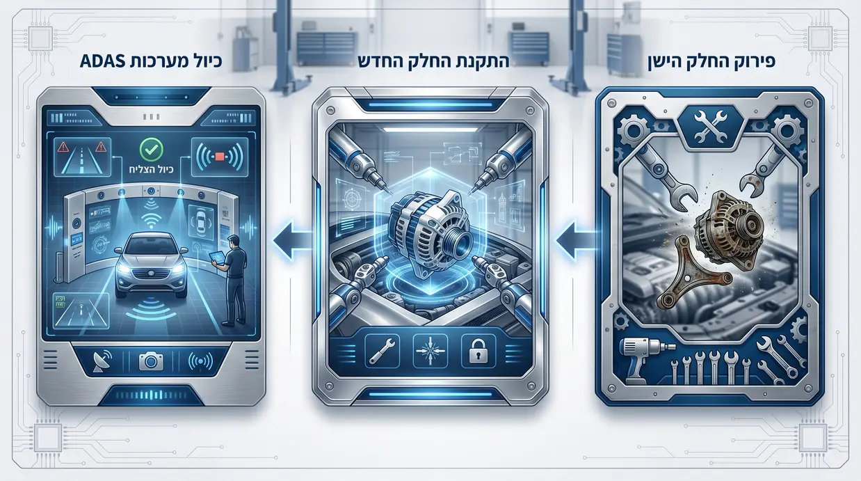 תהליך החלפת חלק במוסך מודרני כולל כיול מערכות בטיחות