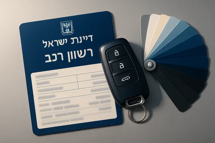 רישיון רכב ישראלי מטושטש לצד מפתחות רכב וצבע חדש