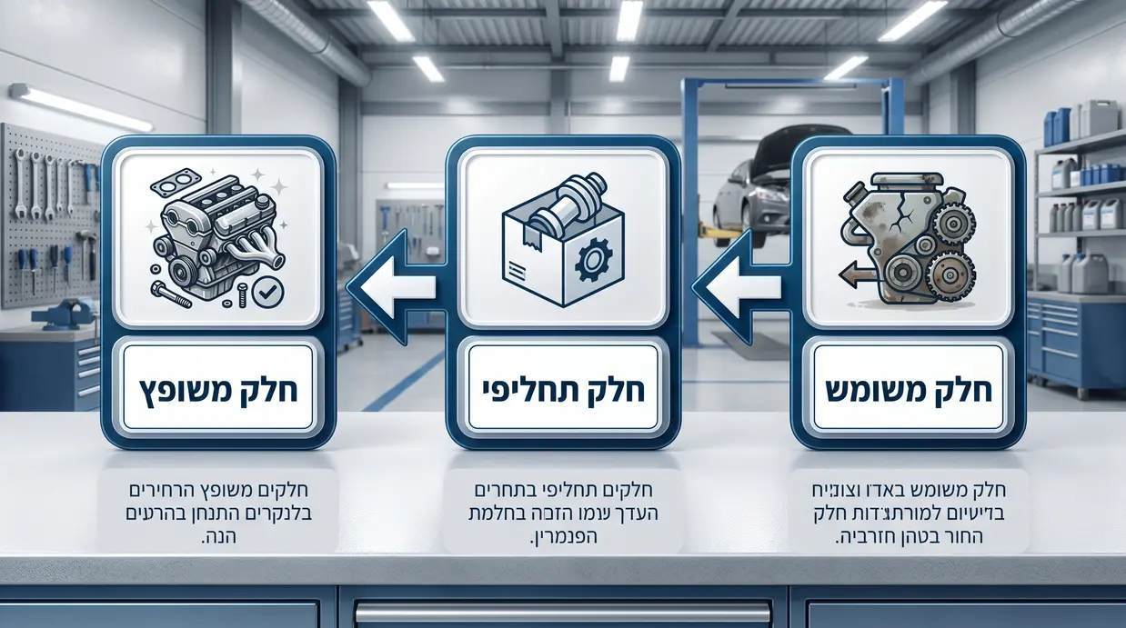 השוואה בין חלק משומש, תחליפי ומשופץ על שולחן עבודה במוסך