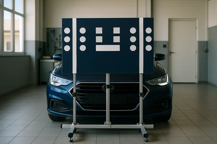 לוח כיול מערכות ADAS מוצב מול רכב במוסך