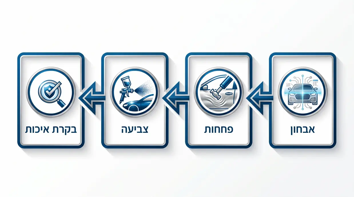 אינפוגרפיקה בעברית המציגה את שלבי תיקון הרכב במוסך.