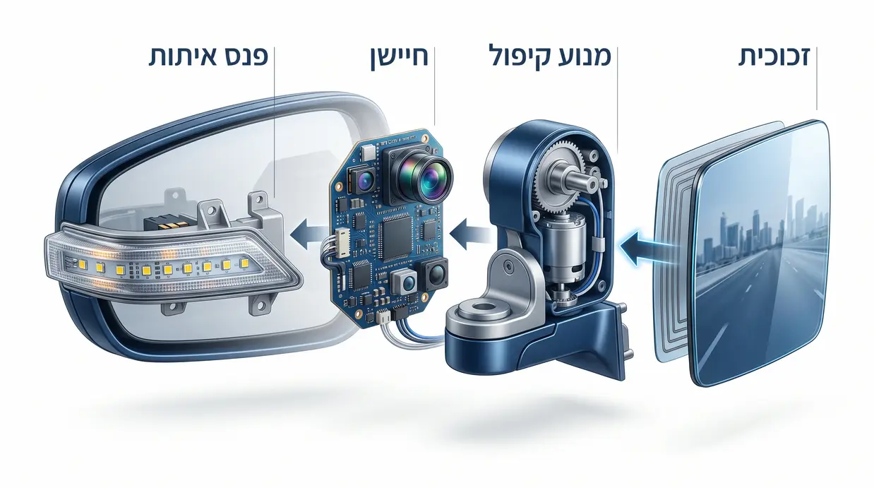 איור של מראת צד מפורקת המציג את רכיבי הפנים שלה
