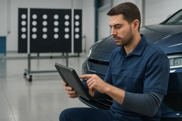 איש מקצוע מבצע כיול ממוחשב למערכות בטיחות ברכב חשמלי