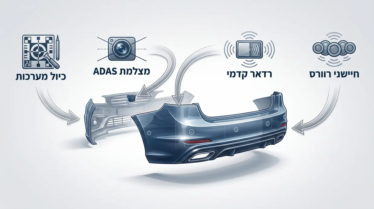 אינפוגרפיקה בעברית המציגה את מיקום החיישנים והמערכות בטמבון רכב מודרני