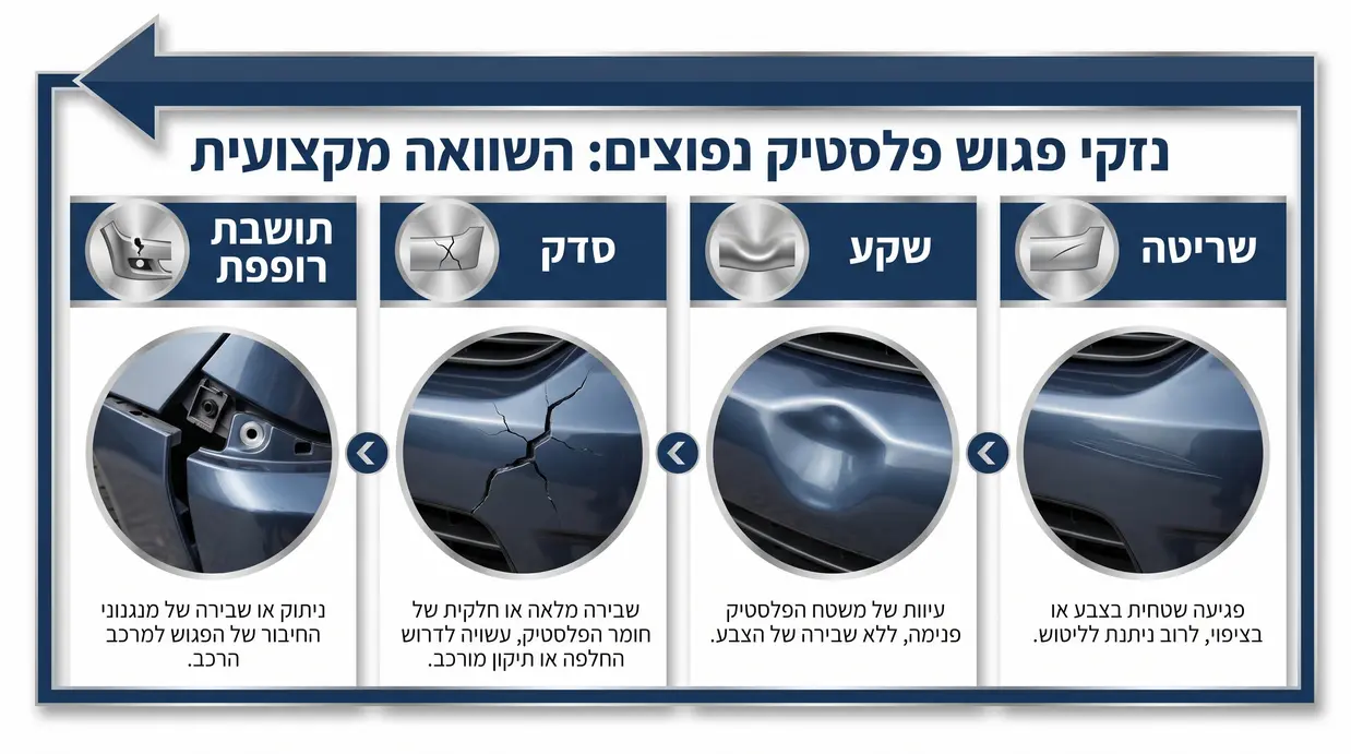 השוואה בין סוגי נזקים בטמבון פלסטיק: שריטה, שקע, סדק ותושבת רופפת