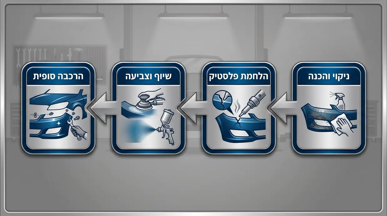 אינפוגרפיקה בעברית המציגה את שלבי תיקון הפגוש במוסך