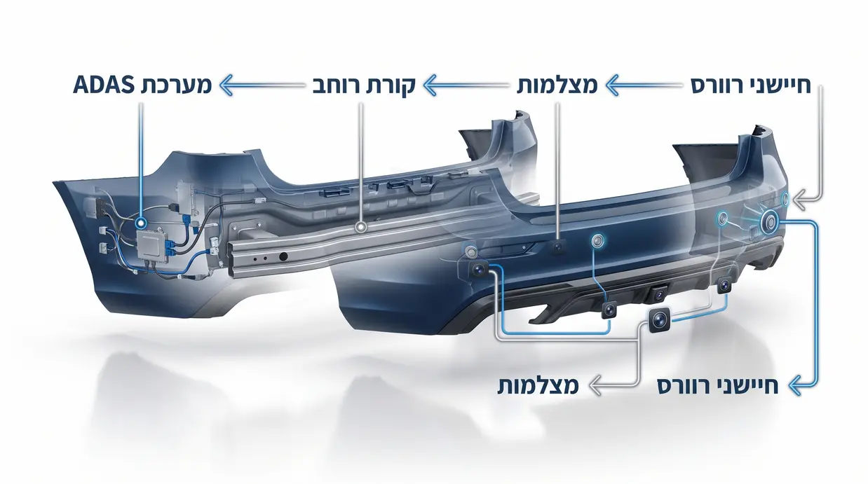 תרשים מבנה פנימי של פגוש מודרני עם חיישנים ומצלמות
