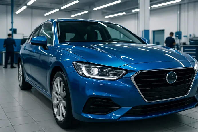 רכב יוקרה מבריק במוסך מודרני לאחר השבחת רכב כוללת