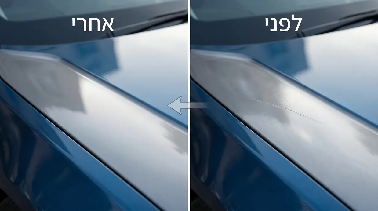 השוואת לפני ואחרי של תיקון שריטה שטחית ברכב באמצעות פוליש מקצועי