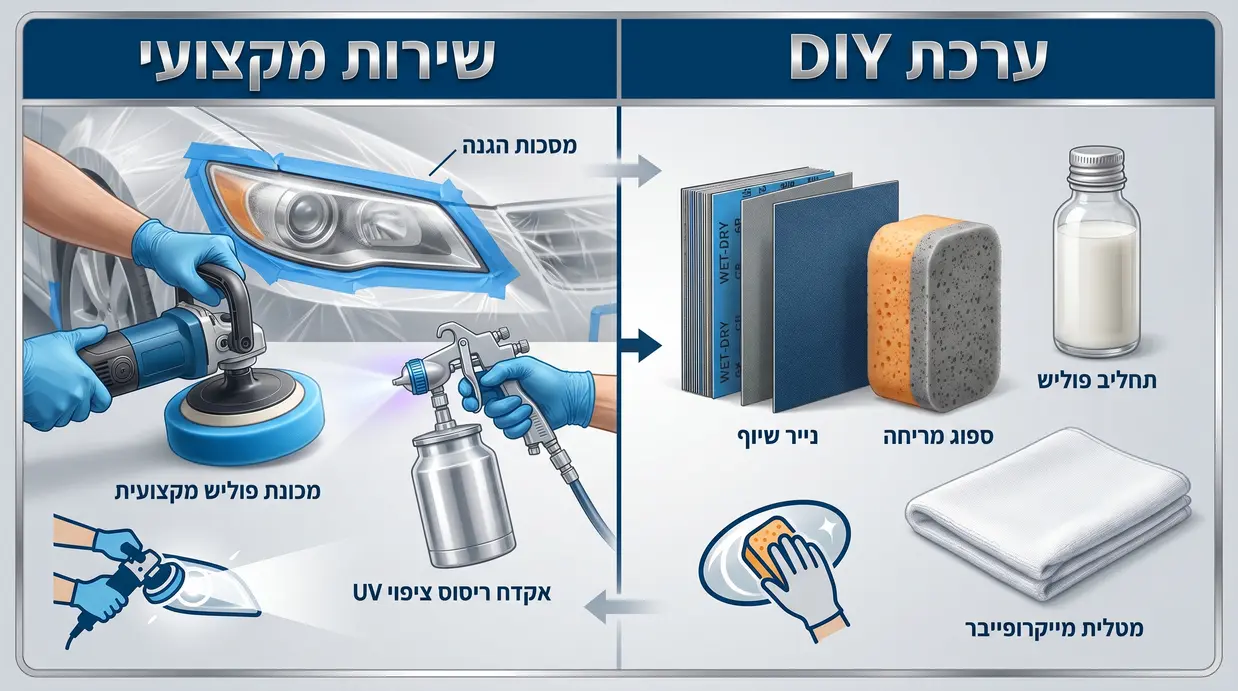 השוואה ויזואלית בין ערכת ליטוש ביתית לשירות מקצועי במוסך