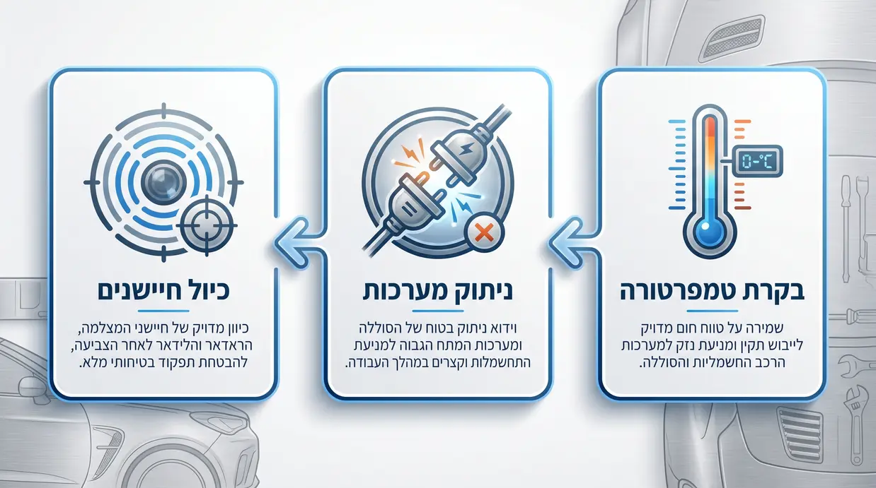 אינפוגרפיקה על בטיחות בצביעת רכבים חשמליים – בקרת טמפרטורה, ניתוק מערכות, כיול חיישנים