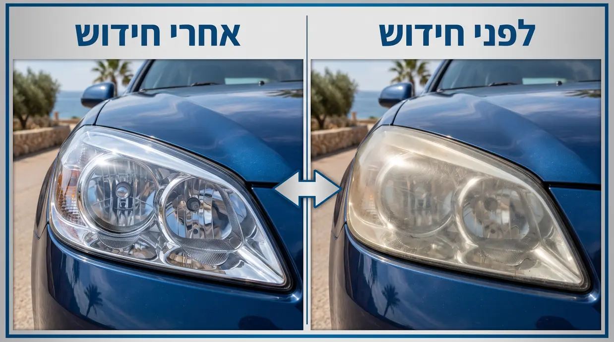 השוואה בעברית בין פנס רכב דהוי לפנס מבריק לאחר חידוש