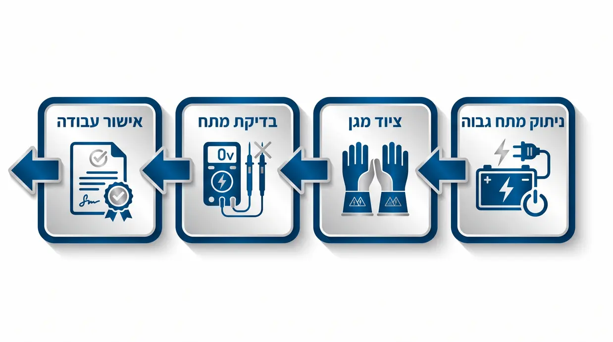 תרשים בעברית המציג שלבים לניתוק בטוח של מתח גבוה ברכב חשמלי