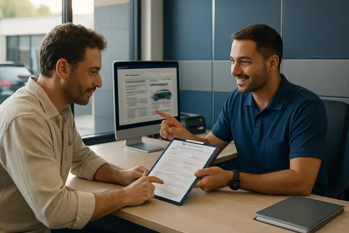לקוח ונציג מוסך משוחחים על תיקון טמבון והפעלת ביטוח