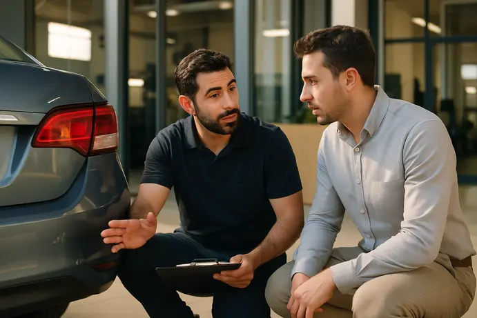 שמאי רכב ולקוח משוחחים ליד רכב שניזוק במשרד קבלה של מוסך