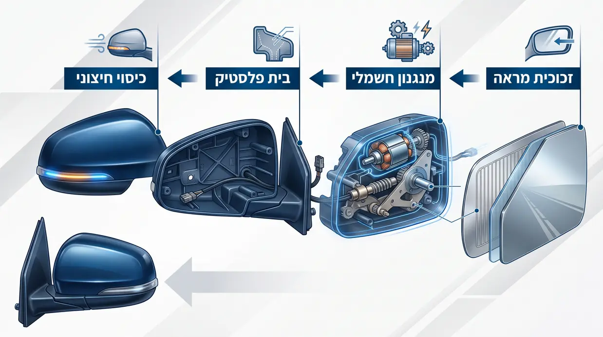 תרשים מבנה מראת רכב עם חלקים מסומנים בעברית
