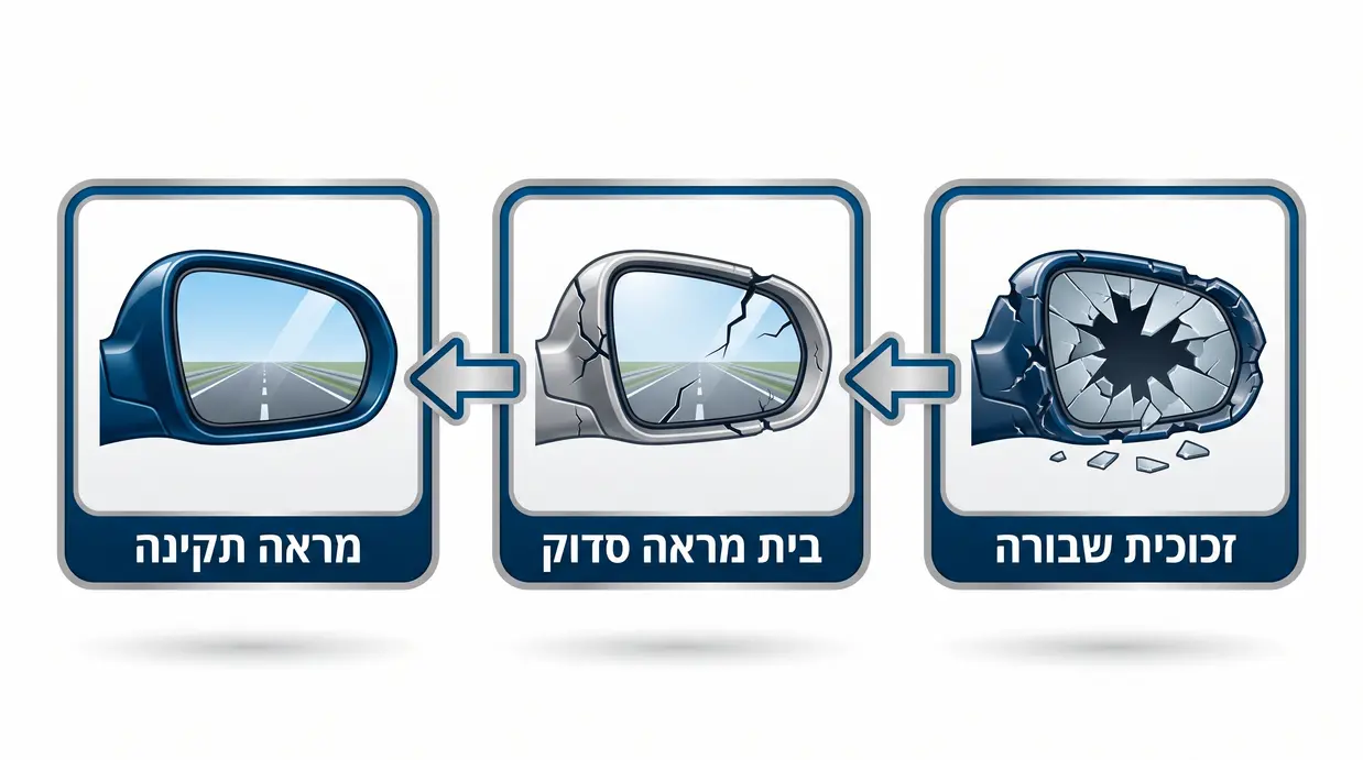 איור של שלבי נזק במראת רכב – זכוכית שבורה, בית מראה סדוק ומראה תקינה