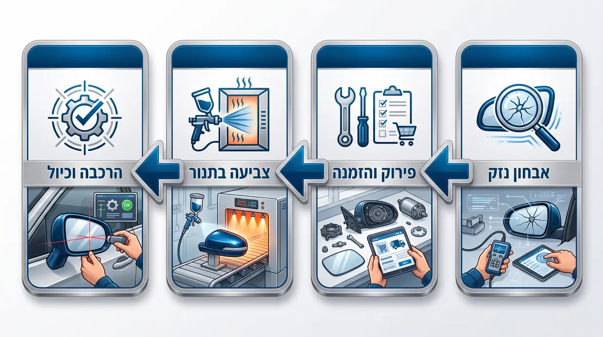 תרשים תהליך תיקון וצביעה של מראת רכב במוסך מקצועי