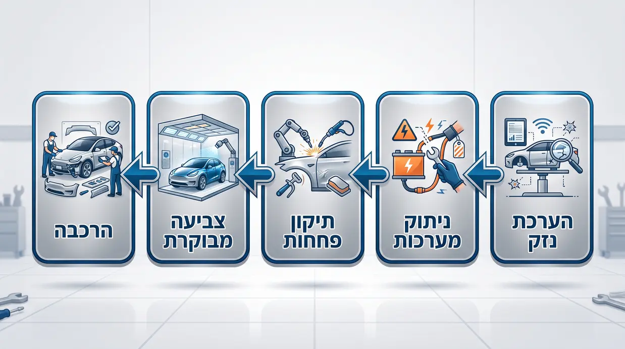תרשים בעברית המציג את שלבי תיקון רכב חשמלי לאחר תאונה