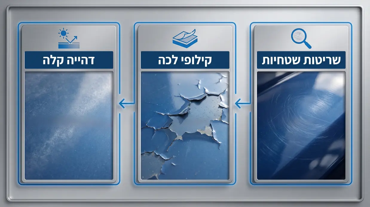 השוואה בין שריטות שטחיות, קילופי לכה ודהייה קלה בצבע הרכב