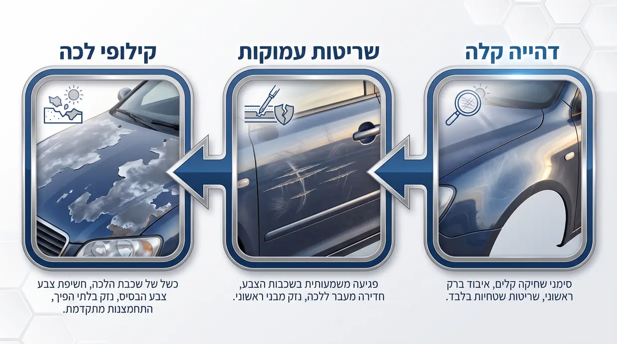אינפוגרפיקה בעברית המציגה שלבים באבחון מצב צבע הרכב