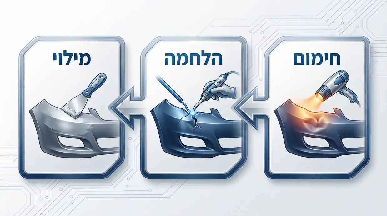אינפוגרפיקה בעברית המציגה את שלבי תיקון הטמבון: חימום, הלחמה ומילוי