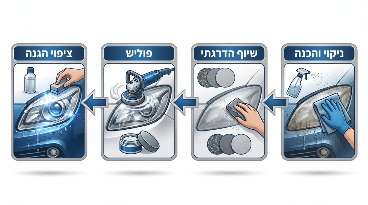 תרשים בעברית המציג את שלבי ליטוש הפנסים המקצועי