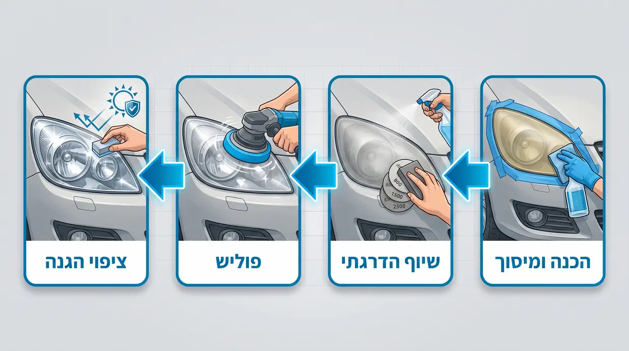 אינפוגרפיקה בעברית המציגה את שלבי ליטוש הפנסים המקצועי