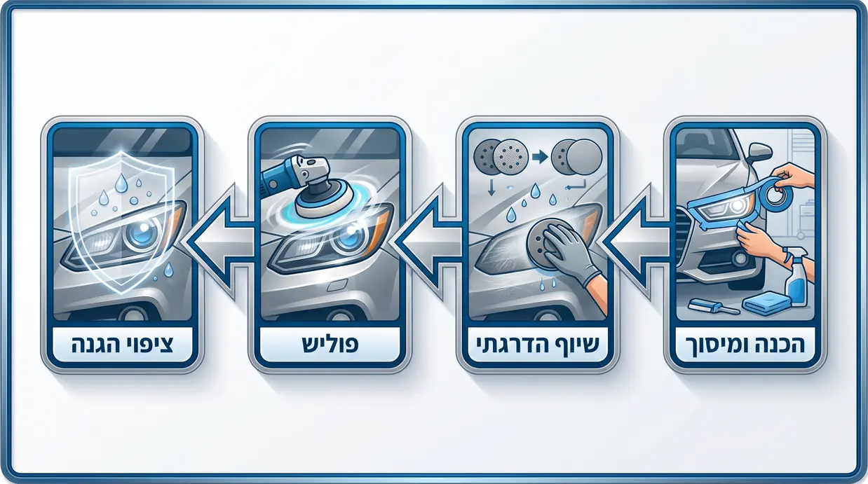 תרשים שלבי ליטוש פנסים מקצועי במוסך