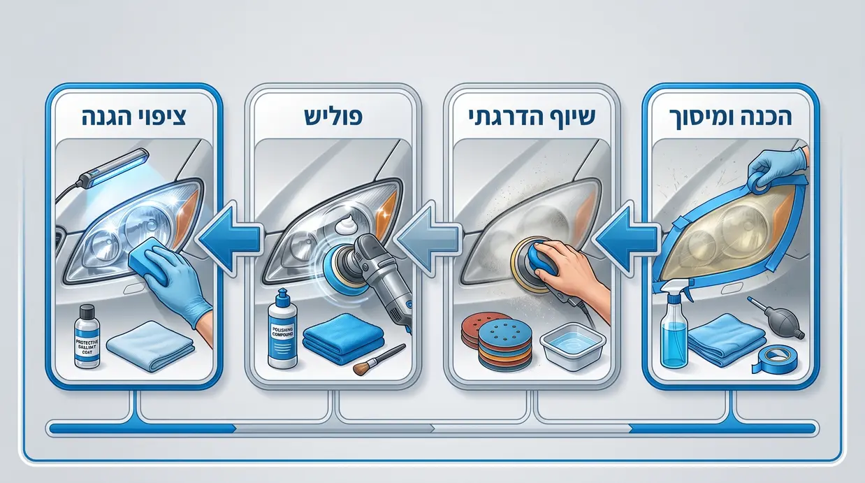 איש מקצוע במוסך מבצע ליטוש פנס רכב בשלבים עם מכונת פוליש וניירות לטש