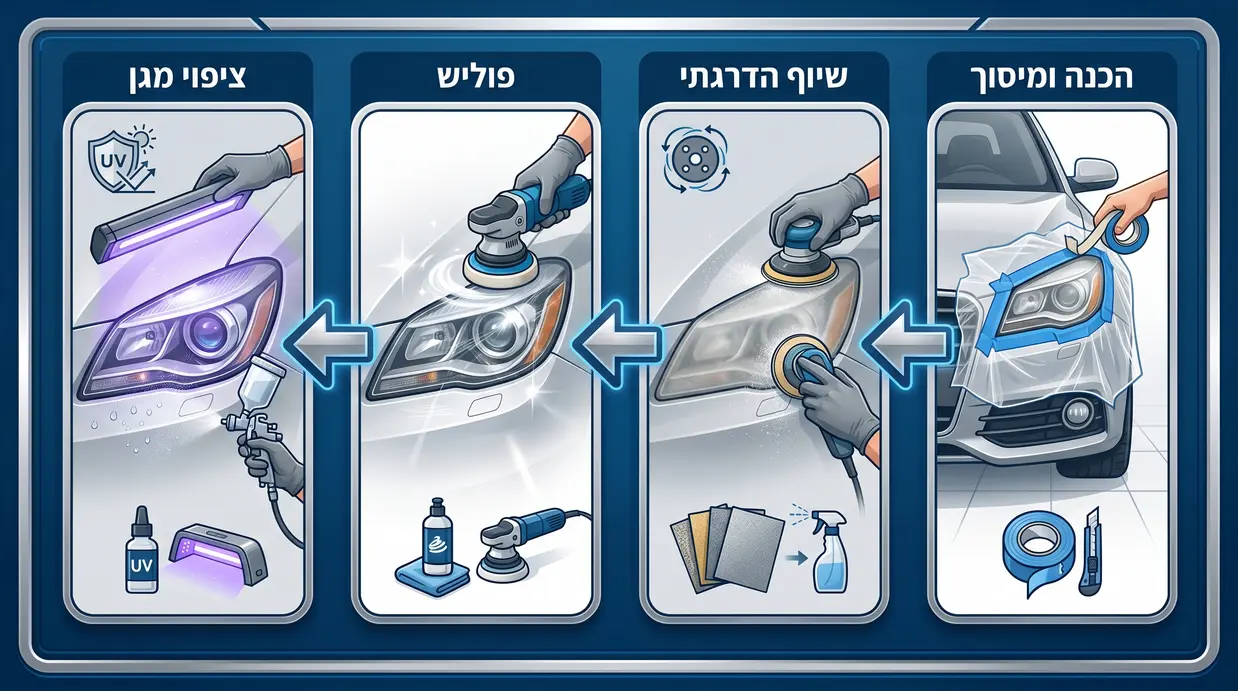 תרשים בעברית של שלבי ליטוש מקצועי לפנס רכב
