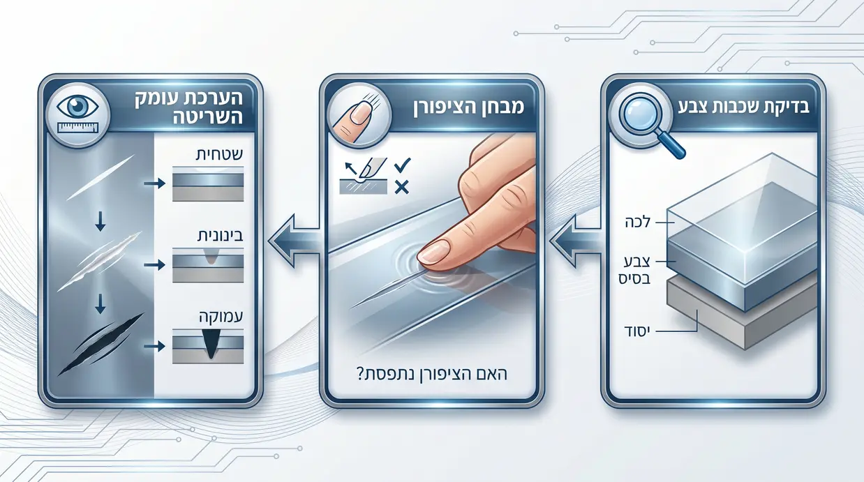 תרשים בעברית המדגים את שלבי אבחון עומק השריטה ברכב
