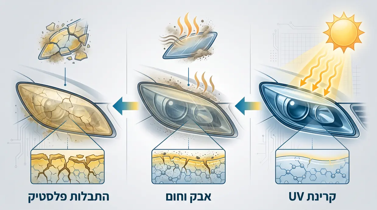 איור המסביר כיצד קרינת שמש וחום גורמים להצהבת פנסים