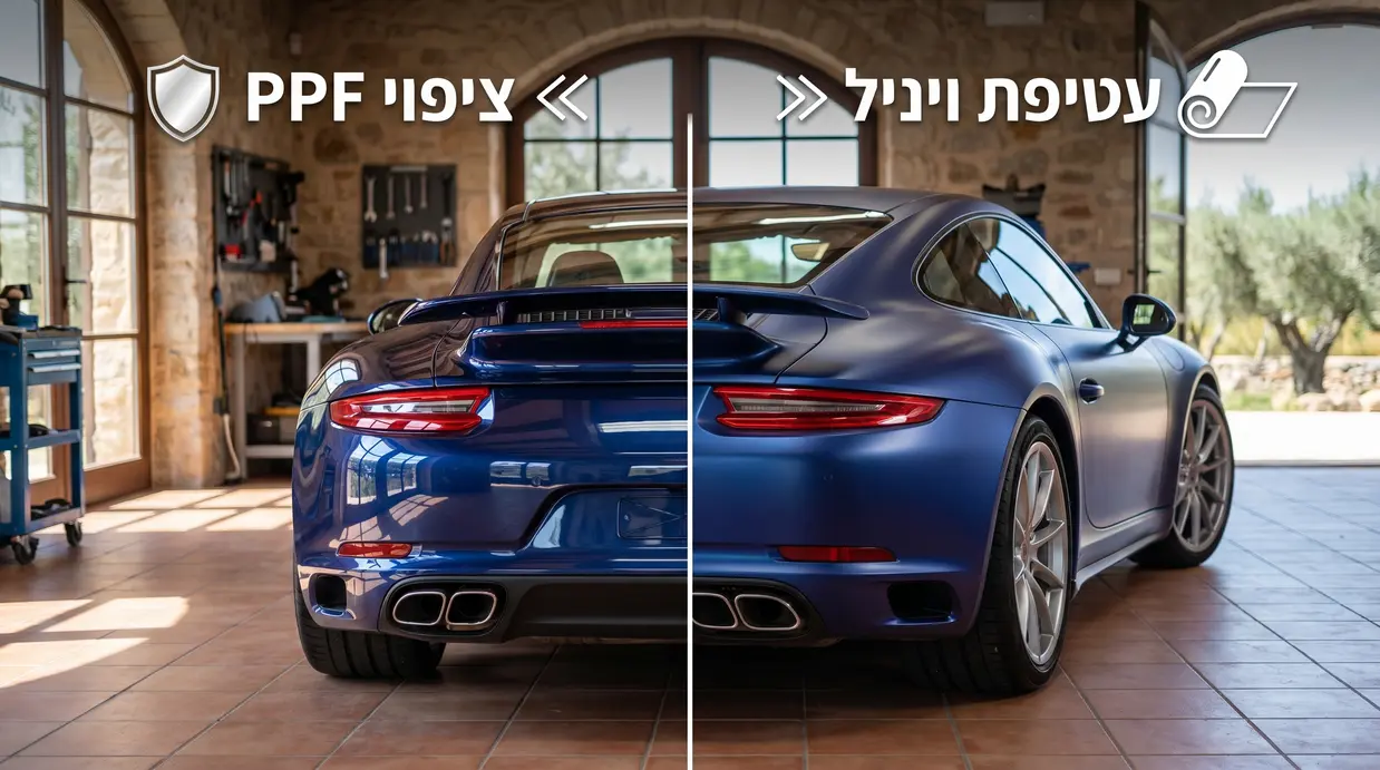 השוואה ויזואלית בין רכב בעטיפת ויניל לרכב בציפוי PPF